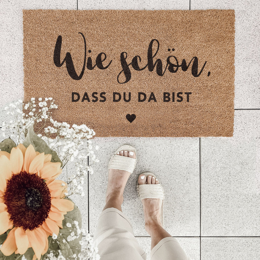 Frauegschichte - Eulenschnitt Kokos Fussmatte "wie schön, dass du da bist"