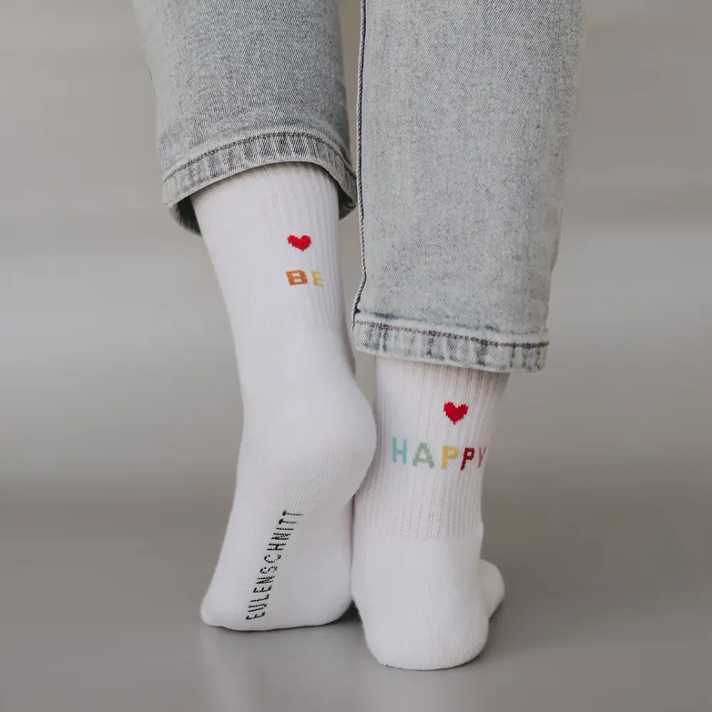 Frauegschichte - Eulenschnitt Socken "Be Happy" M